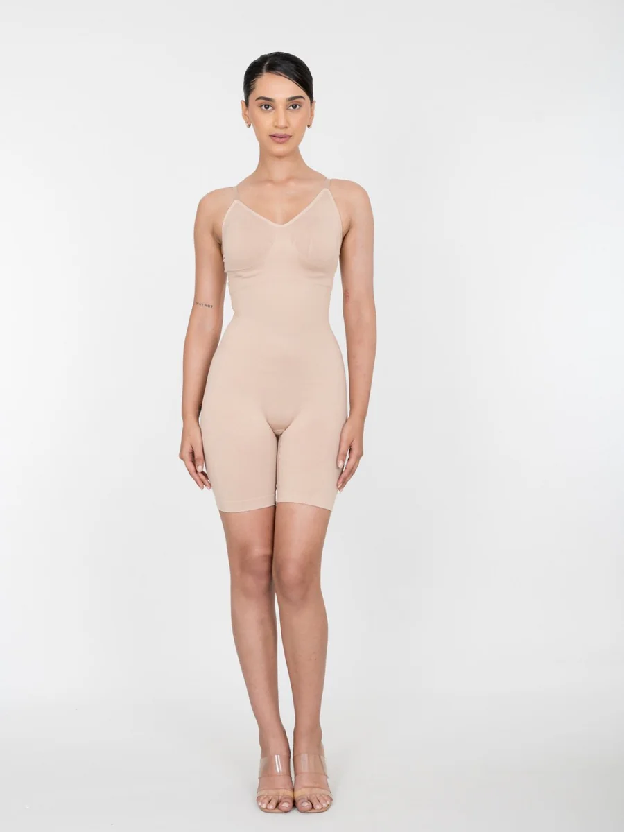 Women's Beige Polyamide Mid Thigh Bodysuits - Body Shaper