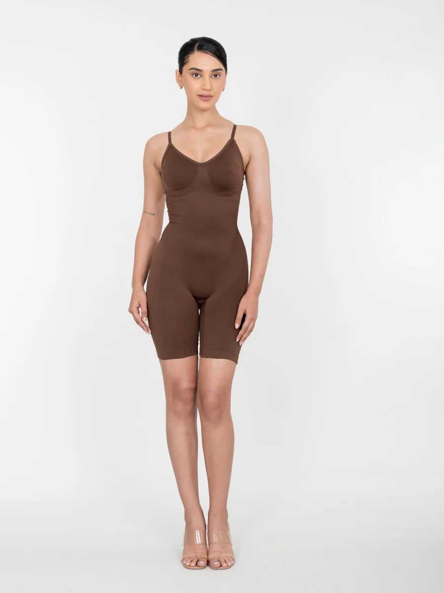 Women's Brown Polyamide Mid Thigh Bodysuits - Body Shaper