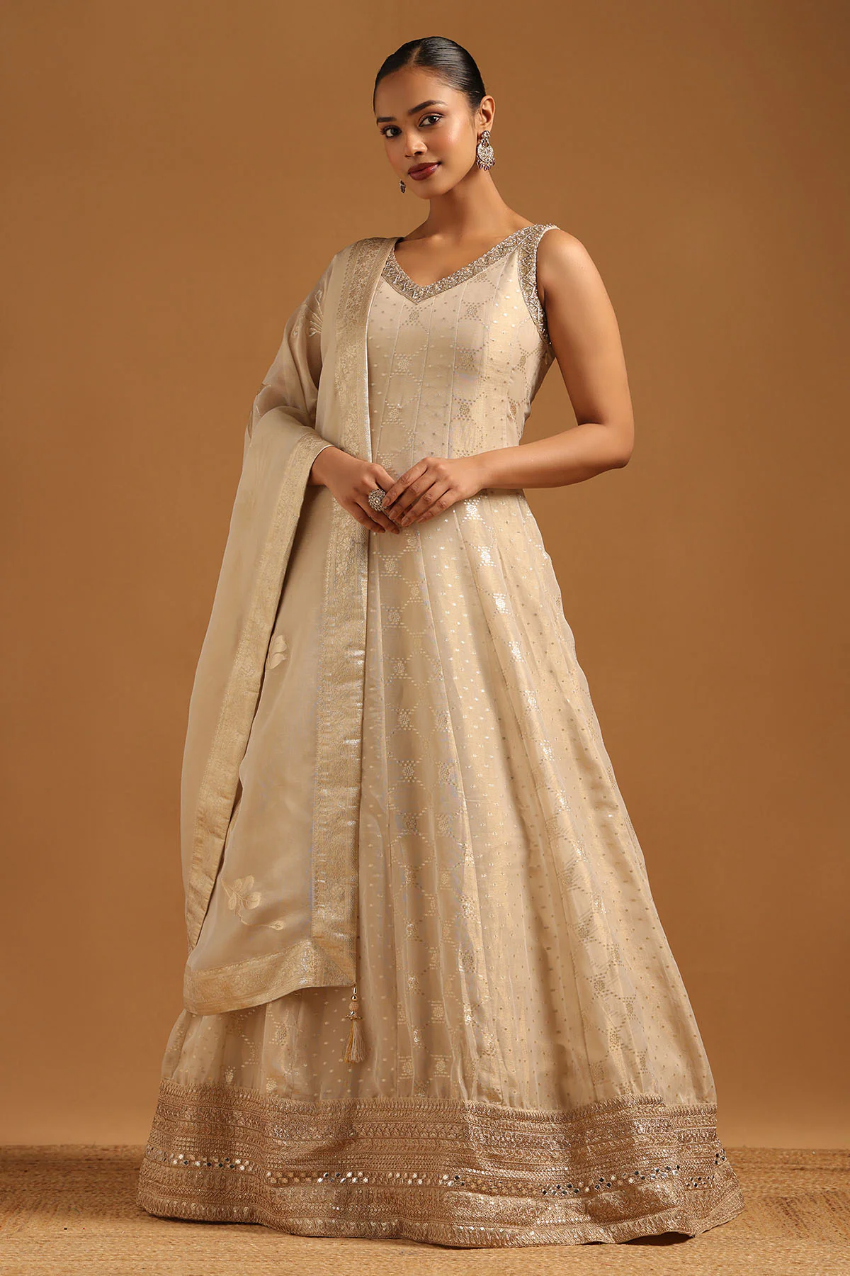 Women's Beige Tissue Zari Woven Gown with Zardozi Embroidery
