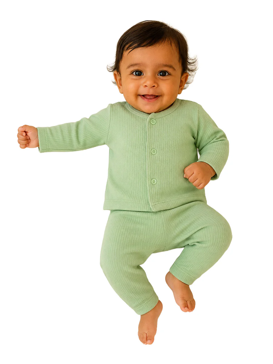 Baby Thermal Set for Newborns Full Sleeve Button-Down Top and Bottom Set Soft Ribbed Winter Wear Green by Mee Mee