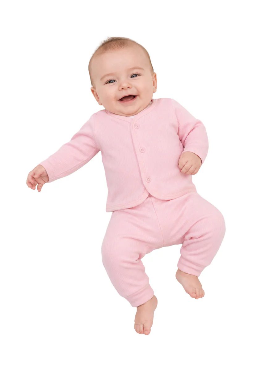 Baby Thermal Set for Newborns Full Sleeve Button-Down Top and Bottom Set Soft Ribbed Winter Wear - Pink by Mee Mee