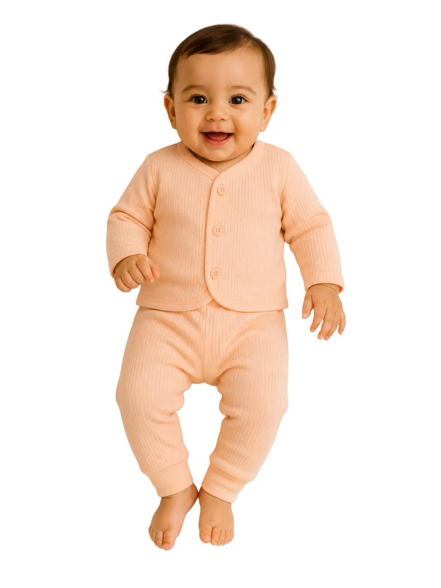 Baby Thermal Set for Newborns Full Sleeve Button-Down Top and Bottom Set Soft Ribbed Winter Wear - Orange by Mee Mee