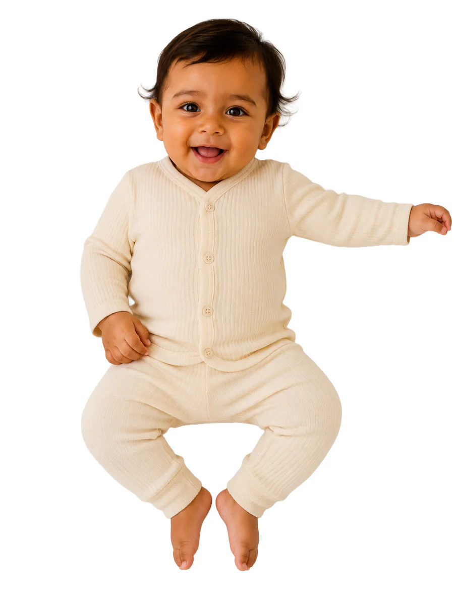 Baby Thermal Set for Newborns Full Sleeve Button-Down Top and Bottom Set Soft Ribbed Winter Wear - Cream by Mee Mee