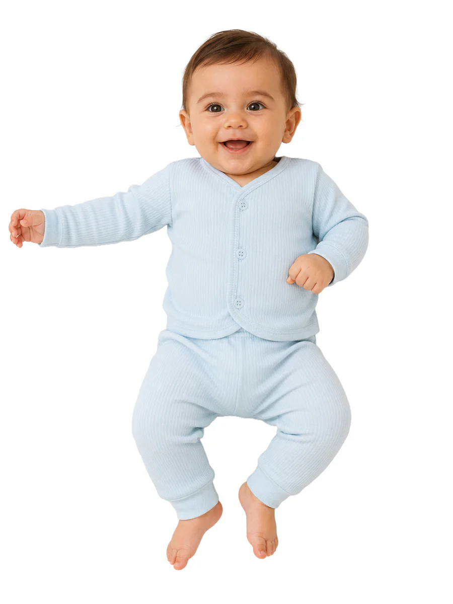 Baby Thermal Set for Newborns Full Sleeve Button-Down Top and Bottom Set Soft Ribbed Winter Wear - Blue by Mee Mee